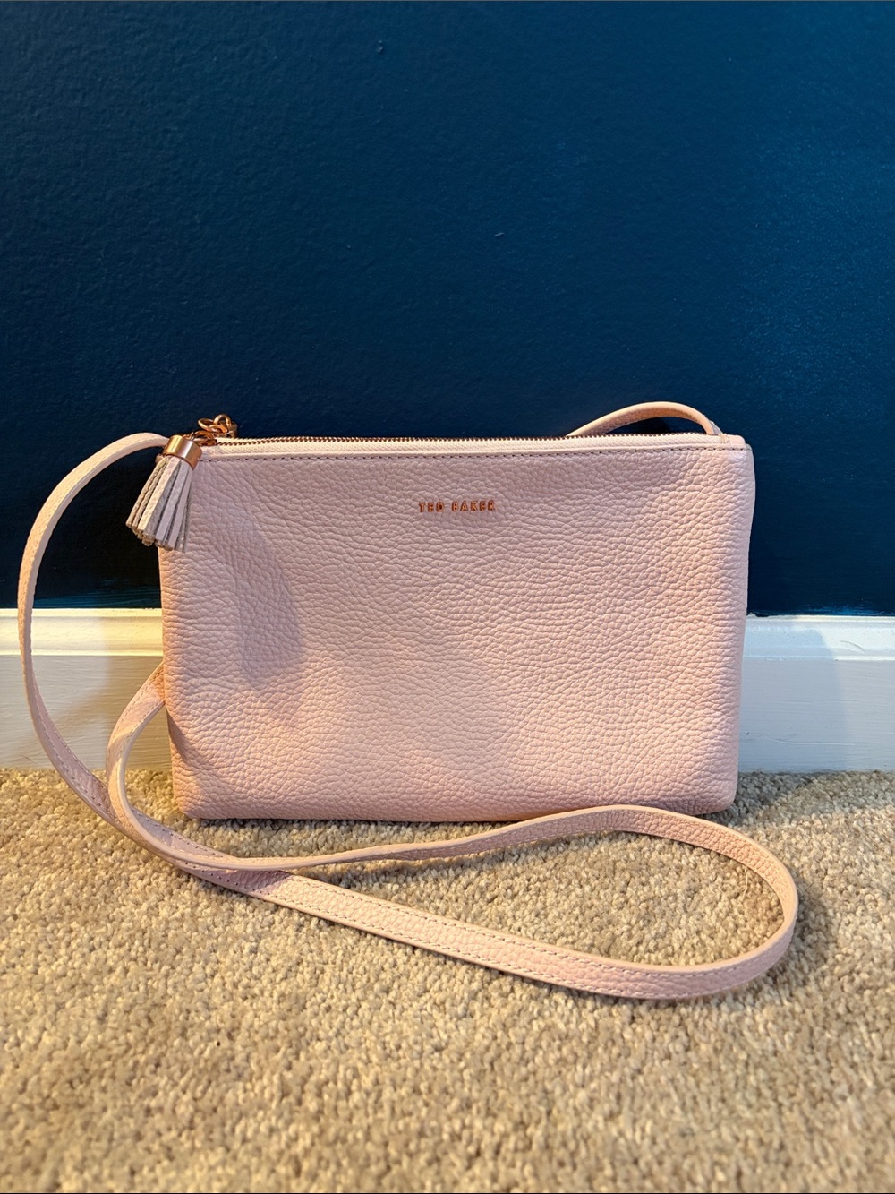 Ted Baker Maceyy Pale Pink Pebbled Leather Double Zip Crossbody Bag